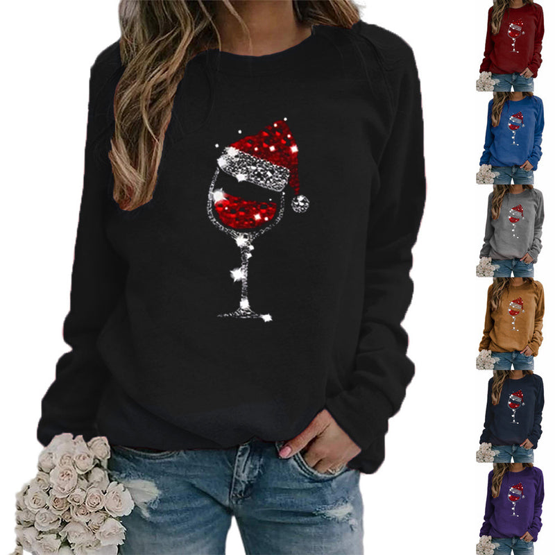 Christmas Hat Red Wine Glass Print Sweater