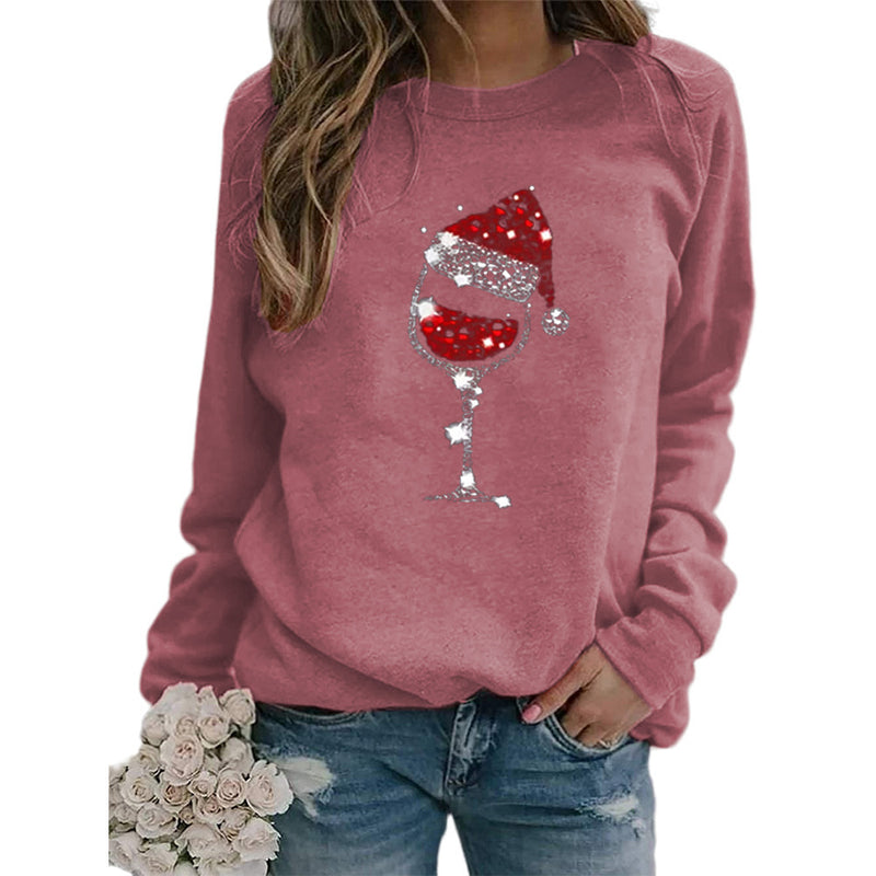 Christmas Hat Red Wine Glass Print Sweater