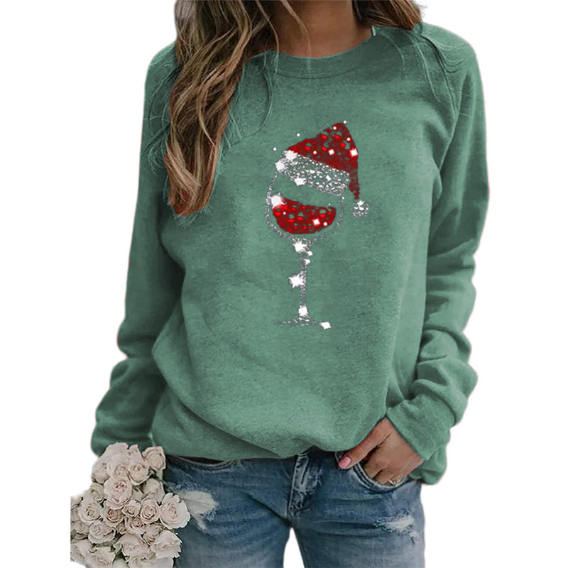 Christmas Hat Red Wine Glass Print Sweater